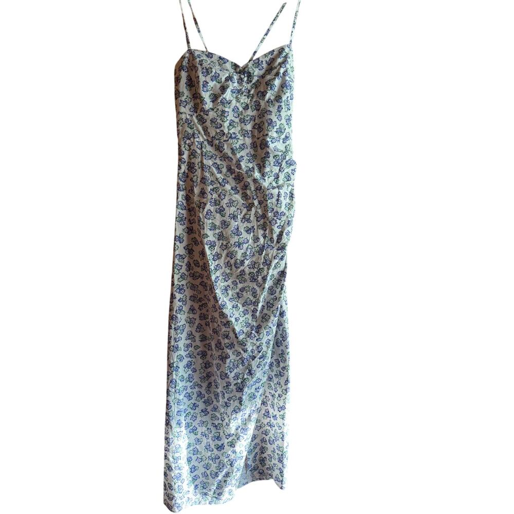 Zara Blue White Floral Cross Strap Slit Midi Slip Dress L NWT